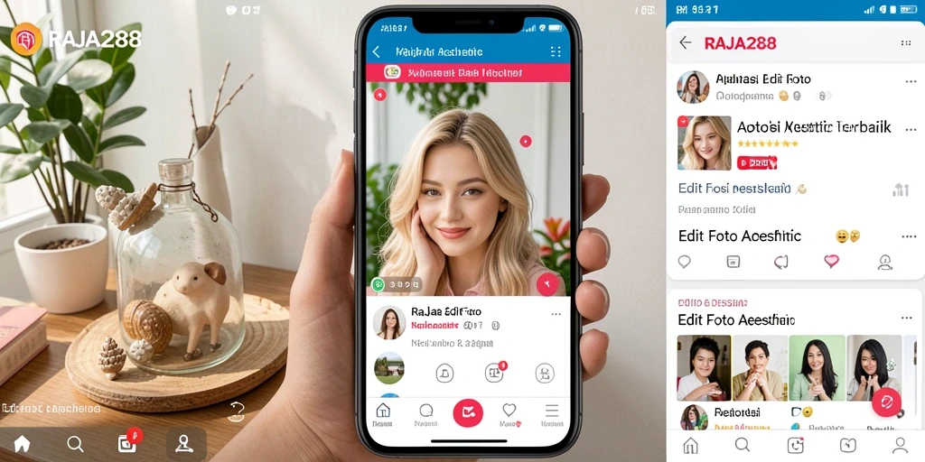Tampilan antarmuka aplikasi RAJA288 dengan fitur editing foto aesthetic.